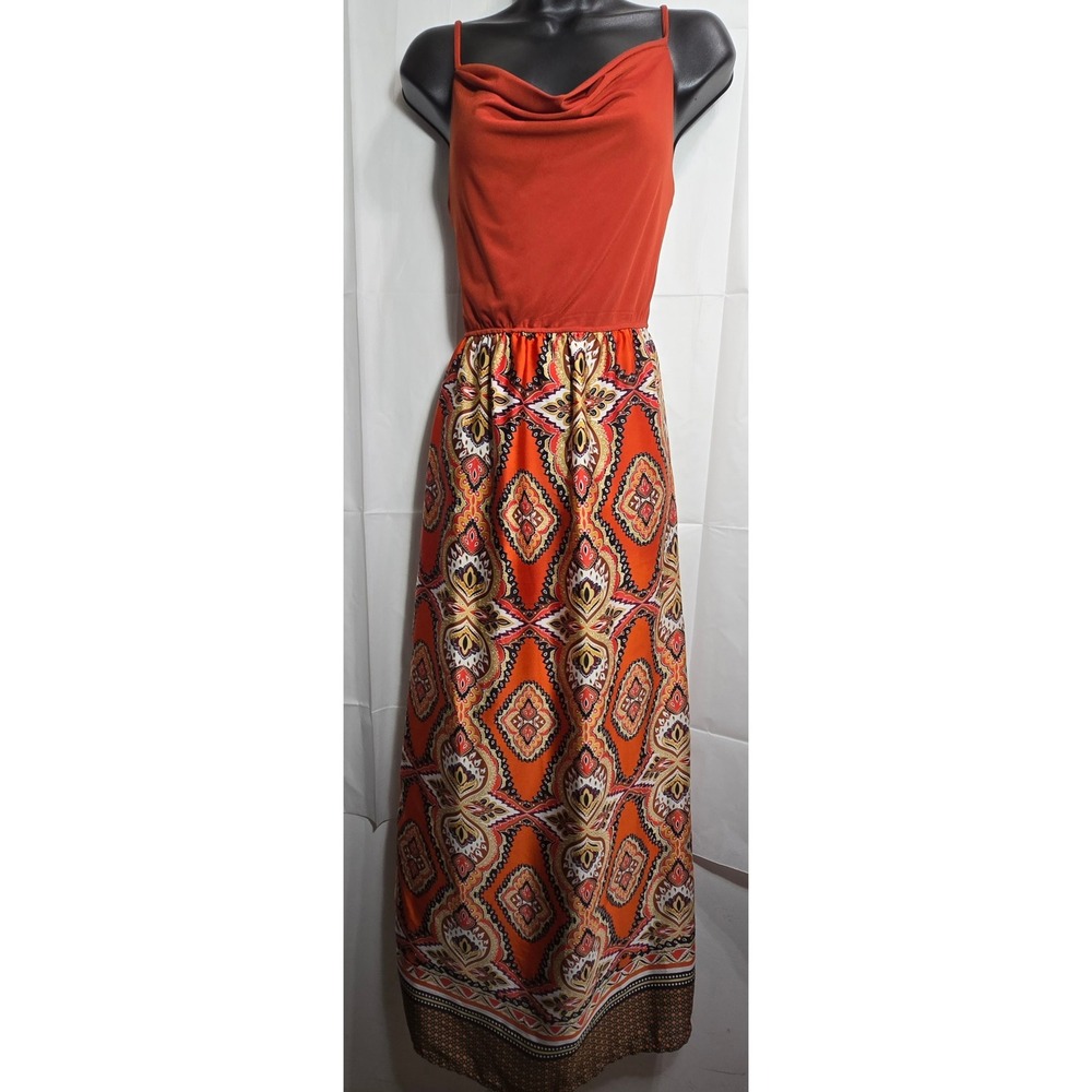 Corey P. Maxi Dress Orange Paisley Cowl Neck Sleeveless Summer Dress Sz. Small